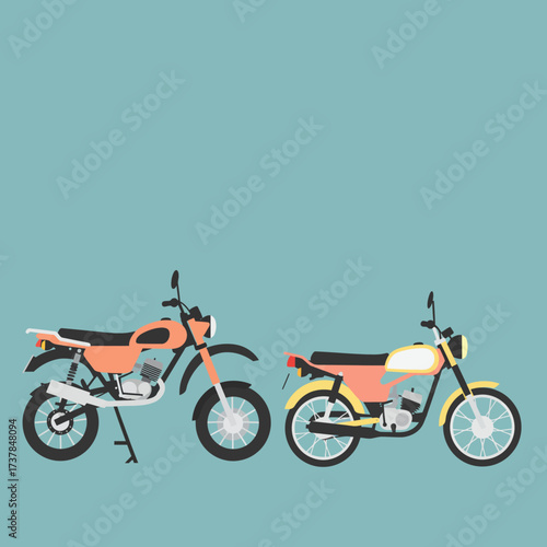 Two different style motorcycles a classic moped and an off road bike.