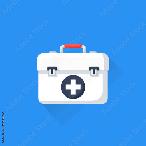 White first aid kit with red handle and medical cross symbol.