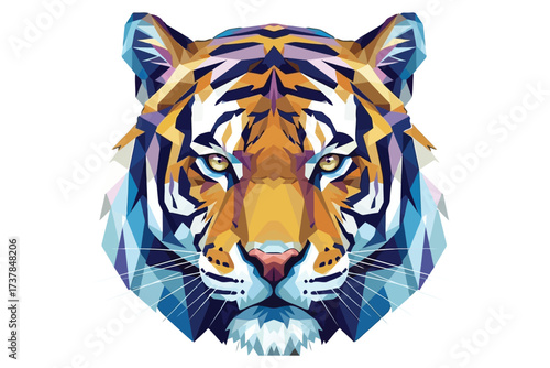 Vector art of a geometric tiger head with blue and orange hues, this polygonal illustration features a tigers face with sharp lines and vibrant colors, creating a modern and artistic design