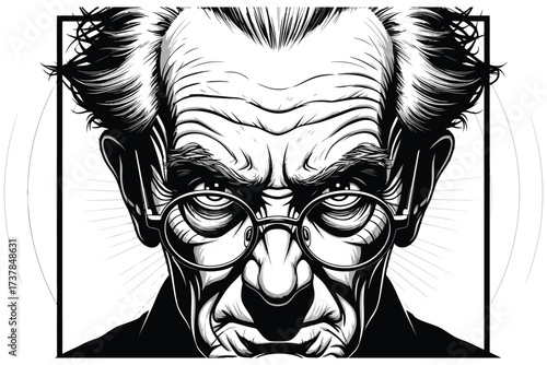 Vector art of intense portrait of an old man with glasses a detailed black and white illustration capturing wisdom and character