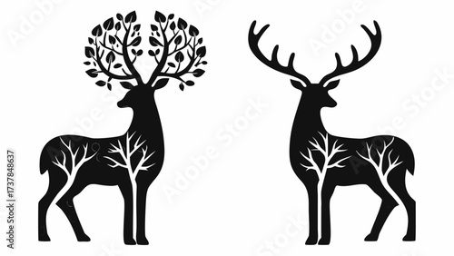 Two Stunning Deer Silhouettes Merge Wildlife with Nature's Grace, Perfect for Conservation Campaigns, Branding, and Unique Designs Inspired by the Wilderness