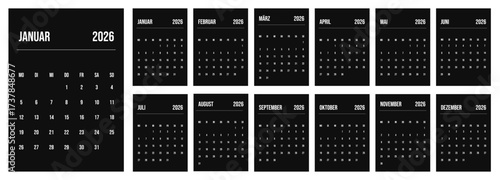 Black German 2026 calendar set of template monthly vertical pages. Minimalist planner week start on Monday. Germany Kalendar