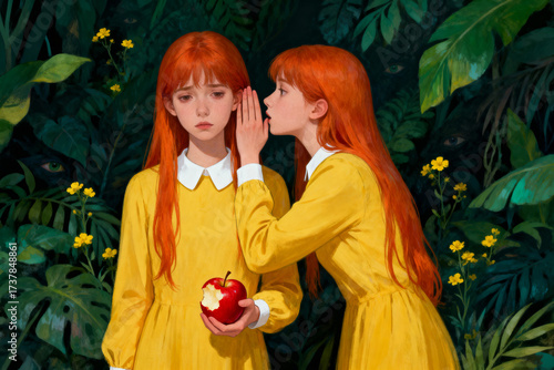 Twin Girls Sharing Secret in Mysterious Forest