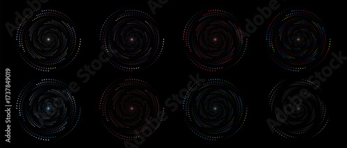 Abstract dot swirl swirl elements set, Circular vector logo elements on black background.