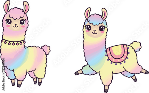 Cartoon llama, rainbow fur, cute animal, pastel colors, fluffy texture, decorative saddle, children illustration, whimsical pose, playful design, adorable character