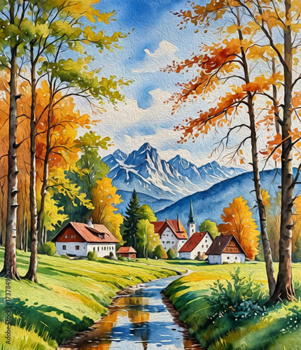 Mountain landscape in oil paint. Pattern for printing on wall decorations, covers, wallpapers