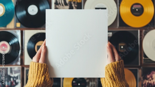 Fototapeta Naklejka Na Ścianę i Meble -  Hands holding blank white square in front of diverse collection of vinyl records