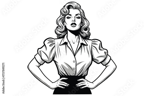 Vector art of a confident woman with her hands on her hips, rendered in a retro woodcut style, she exudes strength and determination