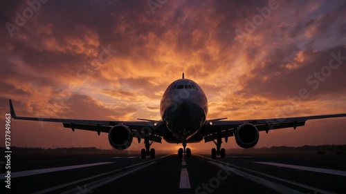 Frontal shot of an airplane landing in silhouette against a majestic orange and purple sky, approaching steadily on the runway toward the lens