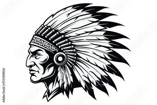 Vector art of a striking native american chief in profile, , his feathered headdress a symbol of honor and tradition, a powerful representation of heritage and strength