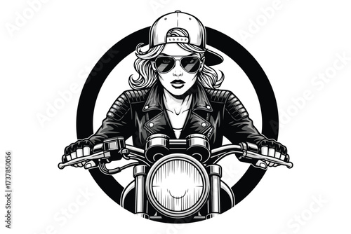 Vector art of a cool biker girl on a motorcycle, , exuding confidence and style, her leather jacket and sunglasses adding to her rebellious charm and adventurous spirit