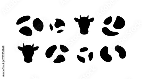 Black Vector Cartoon Cow Spots, Flat Minimalist Design for Stickers, Illustrations and Backgrounds