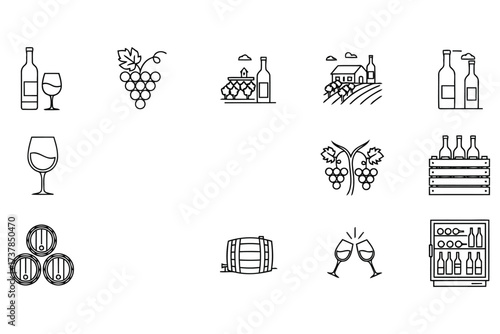 Vector art of set of wine icons contains icons such as wine, grape, vineyard, winery, bottle, glass, barrel, cellar, and tasting editable stroke