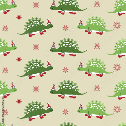 Seamless pattern featuring cute green stegosaurus dinosaurs wearing Santa hats and red boots with red snowflakes holiday design