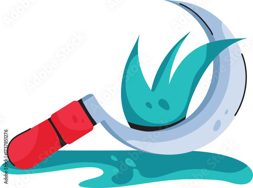 Cartoon Sickle Cutting Grass Vector Illustration on White Background
