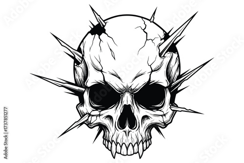 Vector art of a skull with spikes coming out of it, a macabre and edgy design that could be used for tattoos, tshirts, or other merchandise