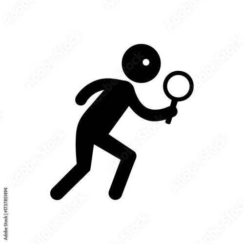 Stick figure detective with magnifying glass on transparent background silhouette