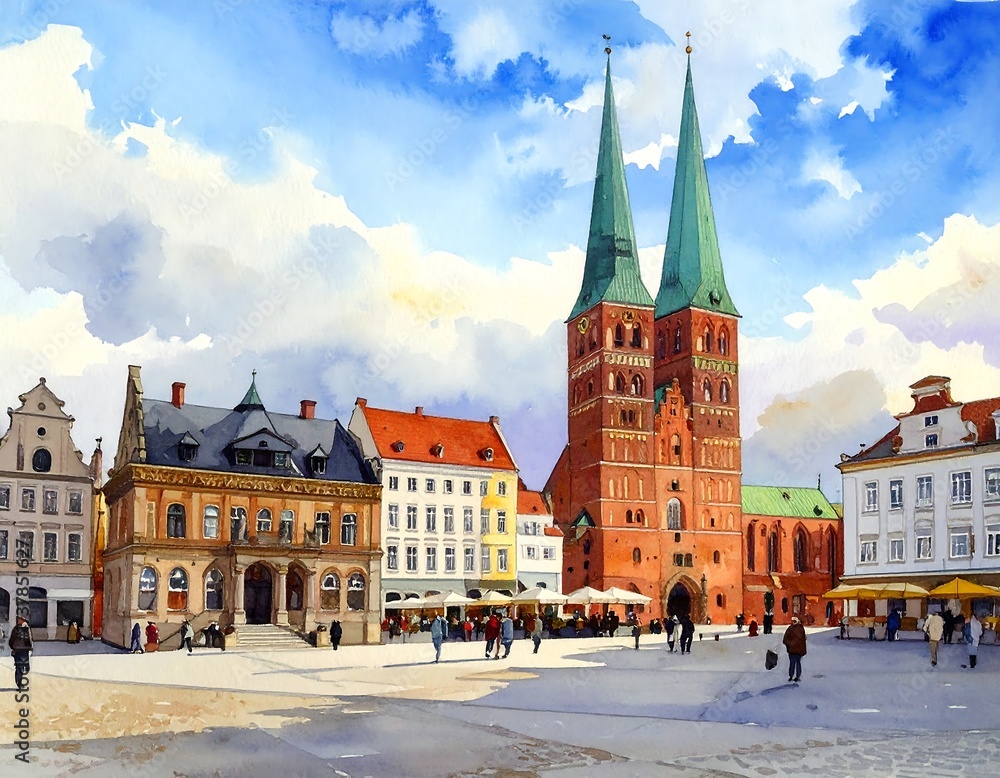 Fototapeta premium Watercolor European town square with church