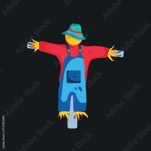 Colorful Farm Scarecrow Cartoon Vector Illustration on Dark Background