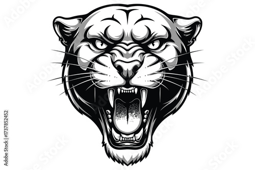 Vector art of fierce panther head, showcasing its sharp teeth and intense gaze in a detailed black and white illustration, perfect for bold designs