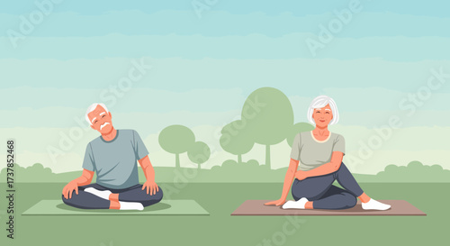 Active Seniors Enjoying Relaxing Yoga Outdoor in Nature Setting