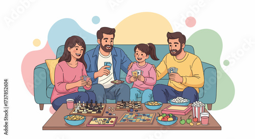 Cheerful Family Enjoying Game Night Together At Home Cartoon Style