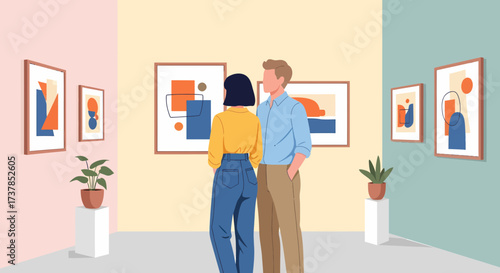 Couple Enjoying Contemporary Art Gallery Visit Together Abstract Painting
