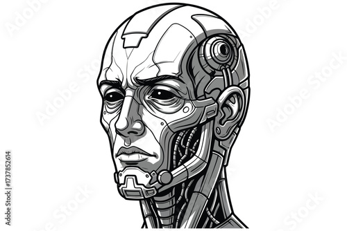 Vector art of a monochrome vector illustration of a cyborg head, showcasing intricate mechanical details and a stern expression, blending human and machine elements