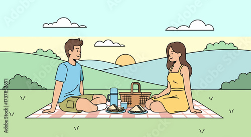 Couple Enjoying Romantic Picnic In Beautiful Nature Landscape Illustration