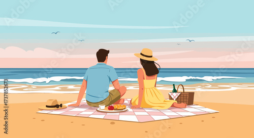 Couple Enjoying Romantic Picnic On The Beach At Sunset In Summer