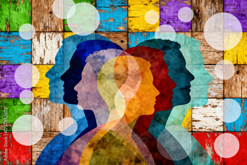 Abstract Human Silhouettes in Rainbow Colors Over Rustic Wood Texture