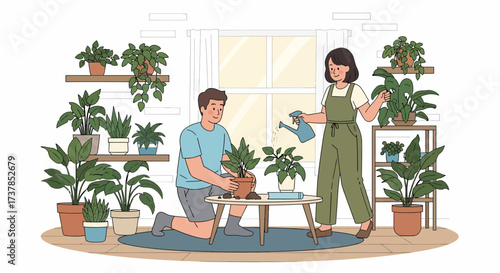 Couple Enjoys Indoor Gardening Togetherness At Home Cartoon Style