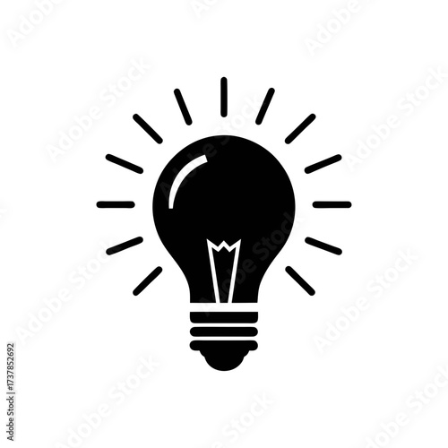 Black lightbulb with rays emanating out on transparent background silhouette