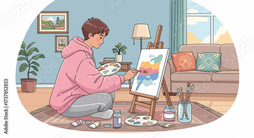 Creative Young Man Painting Abstract Art In Cozy Home Setting