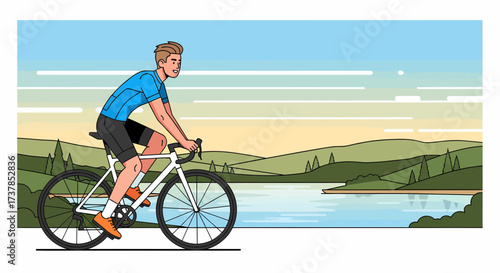 Cyclist Enjoying Nature Ride Near Lakeside Landscape Scenery