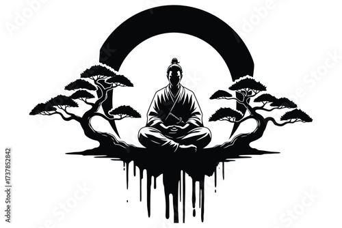 Vector art of serene buddha meditating, surrounded by bonsai trees and a circular halo, creating a peaceful zenlike scene in black and white illustration