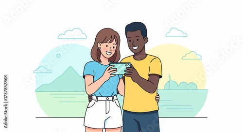 Diverse Couple Capturing Memories On Vacation With Smartphone Illustration