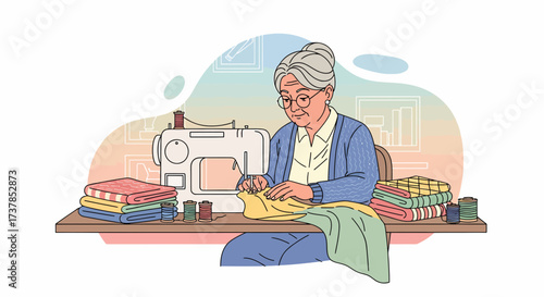 Elderly Woman Enjoying Sewing Crafting at Home with Sewing Machine