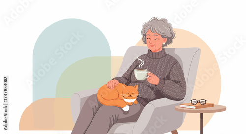 Grandma Relaxing With Her Cat And Cup Of Coffee Illustration