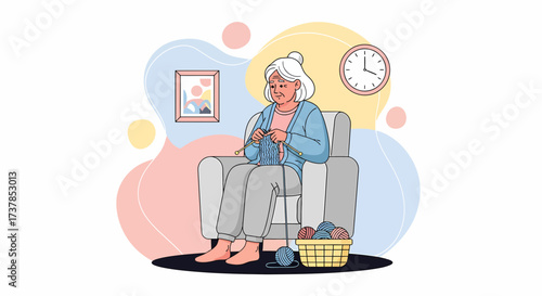 Grandmother Relaxing With Knitting In Cozy Armchair Illustration