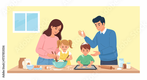 Happy Family Baking Homemade Cookies Together At Home Kitchen