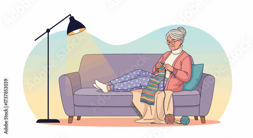 Grandmother Relaxing At Home Knitting A Colorful Wool Scarf