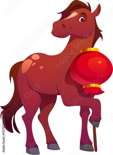 Cartoon horse character for Chinese Lunar New Year animal, vector symbol. Funny cute cartoon horse with red lantern or paper light lamp for Chinese Lunar calendar symbol of New Year Asian holiday