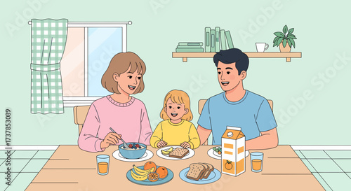 Happy Family Enjoying Nutritious Breakfast Together At The Dining Table