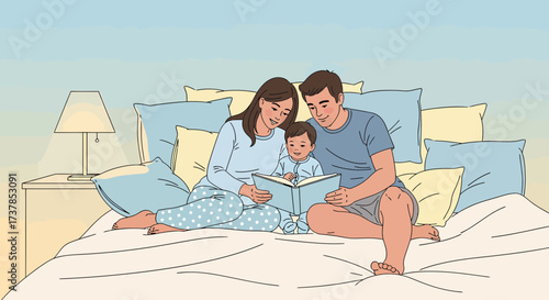 Happy Family Enjoying Story Time Together in Bedtime