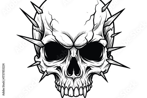 Vector art of a menacing skull illustration, adorned with sharp spikes, rendered in a detailed engraving style, conveying a sense of danger and rebellion with its dark aesthetic