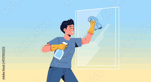 Man Cleaning Window With Spray And Cloth In His Hand