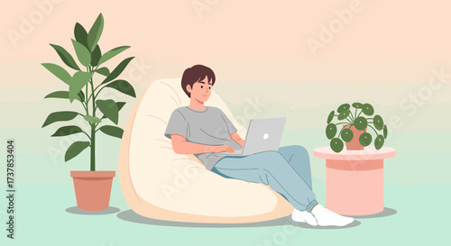 Man Relaxing On Beanbag Chair With Laptop And Plants Illustration