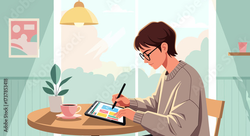 Man Working On Tablet At Home Or Cafe With Coffee