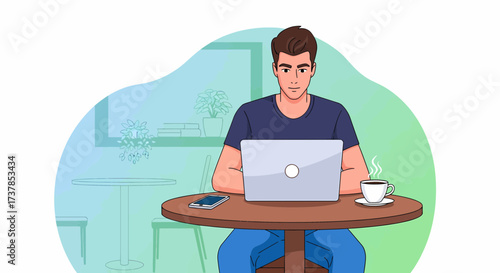 Man Working On Laptop In Cafe Illustration With Coffee Cup